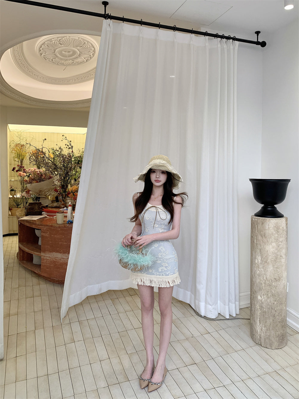 Blue jacquard suspender dress two-piece set beautiful waist slim hip skirt R0564