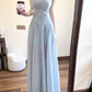 Blue hollow suspender dress temperament waist A-line long skirt R0568
