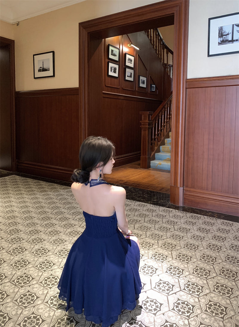 Blue halter dress with rhinestones, slim waist, A-line short dress R0571