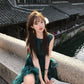 Retro green sleeveless vest dress gentle and sweet style waist A-line short skirt R0706
