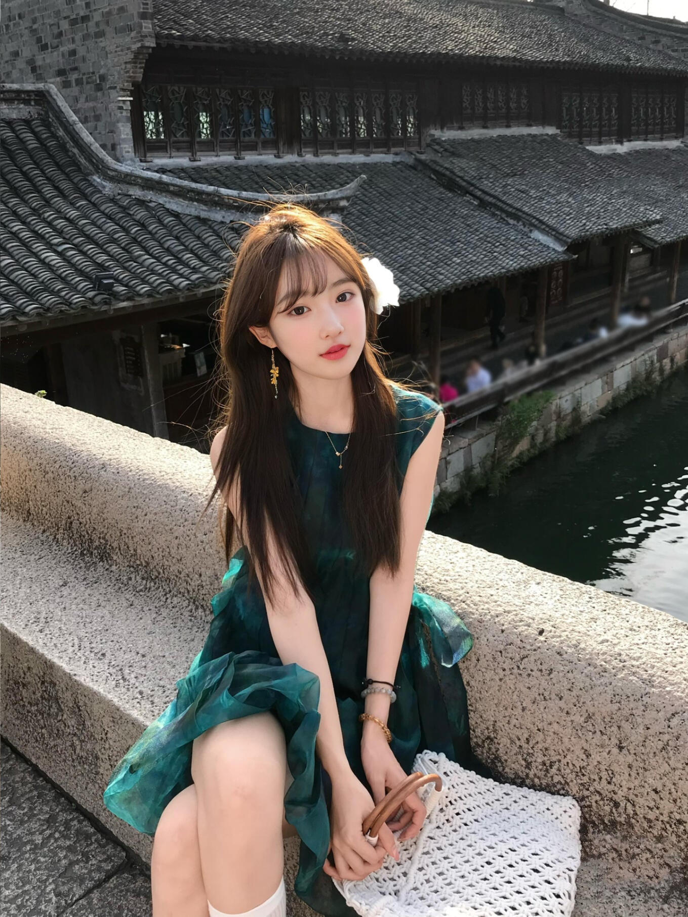 Retro green sleeveless vest dress gentle and sweet style waist A-line short skirt R0706