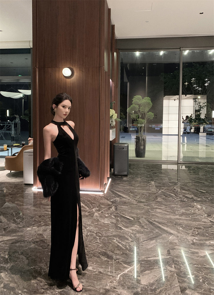 Birthday dress high-end dress high-end niche temperament lady black halter dress R1816