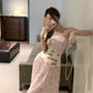 Gentle style pink floral hollow one-shoulder dress with waist A-line long skirt R0612