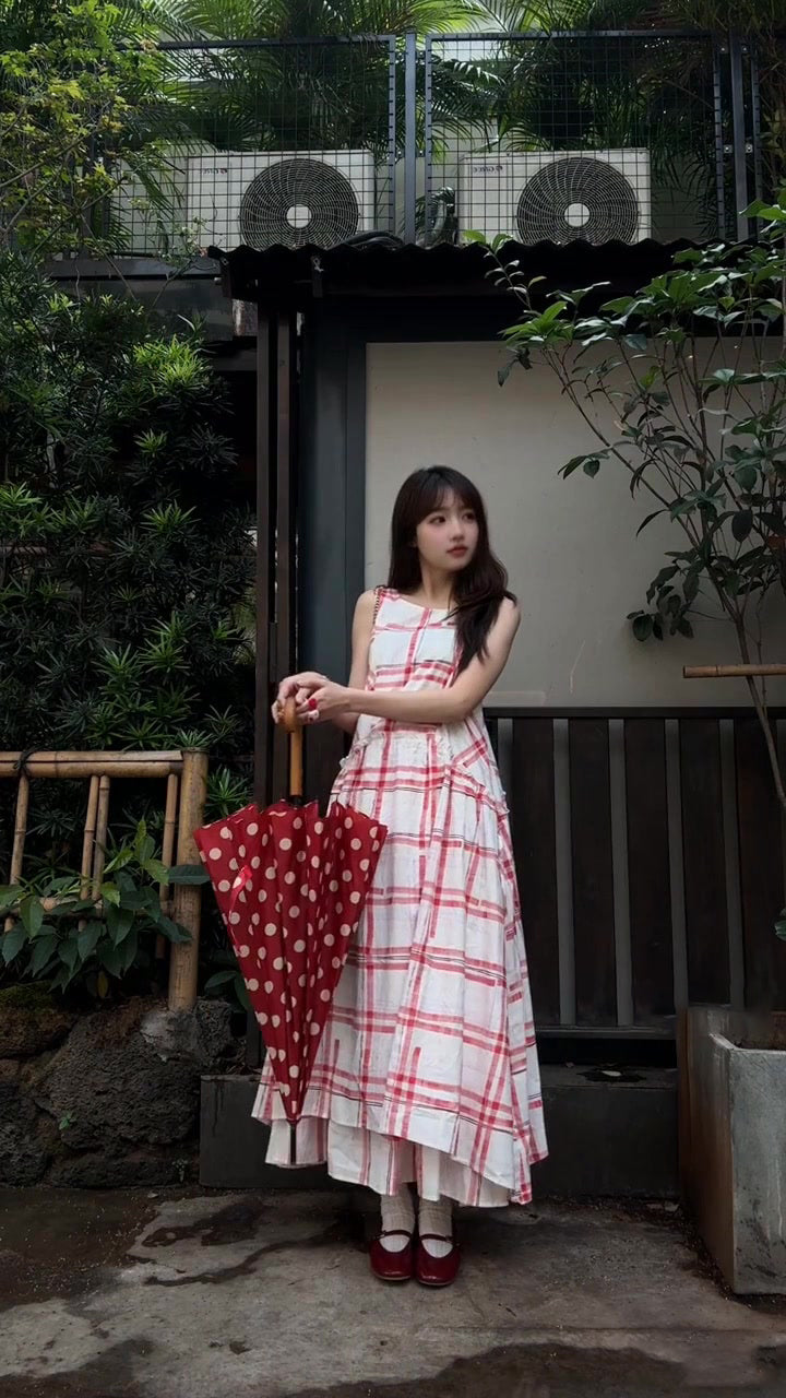 Pink plaid sleeveless dress beautiful age-reducing loose A-line vest dress R0585