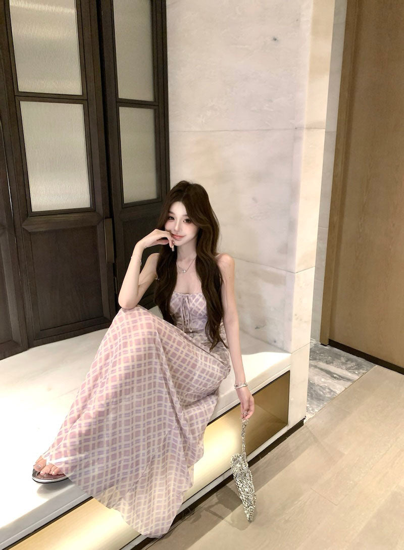 Purple suspender dress beautiful waist a-line beach dress R0587