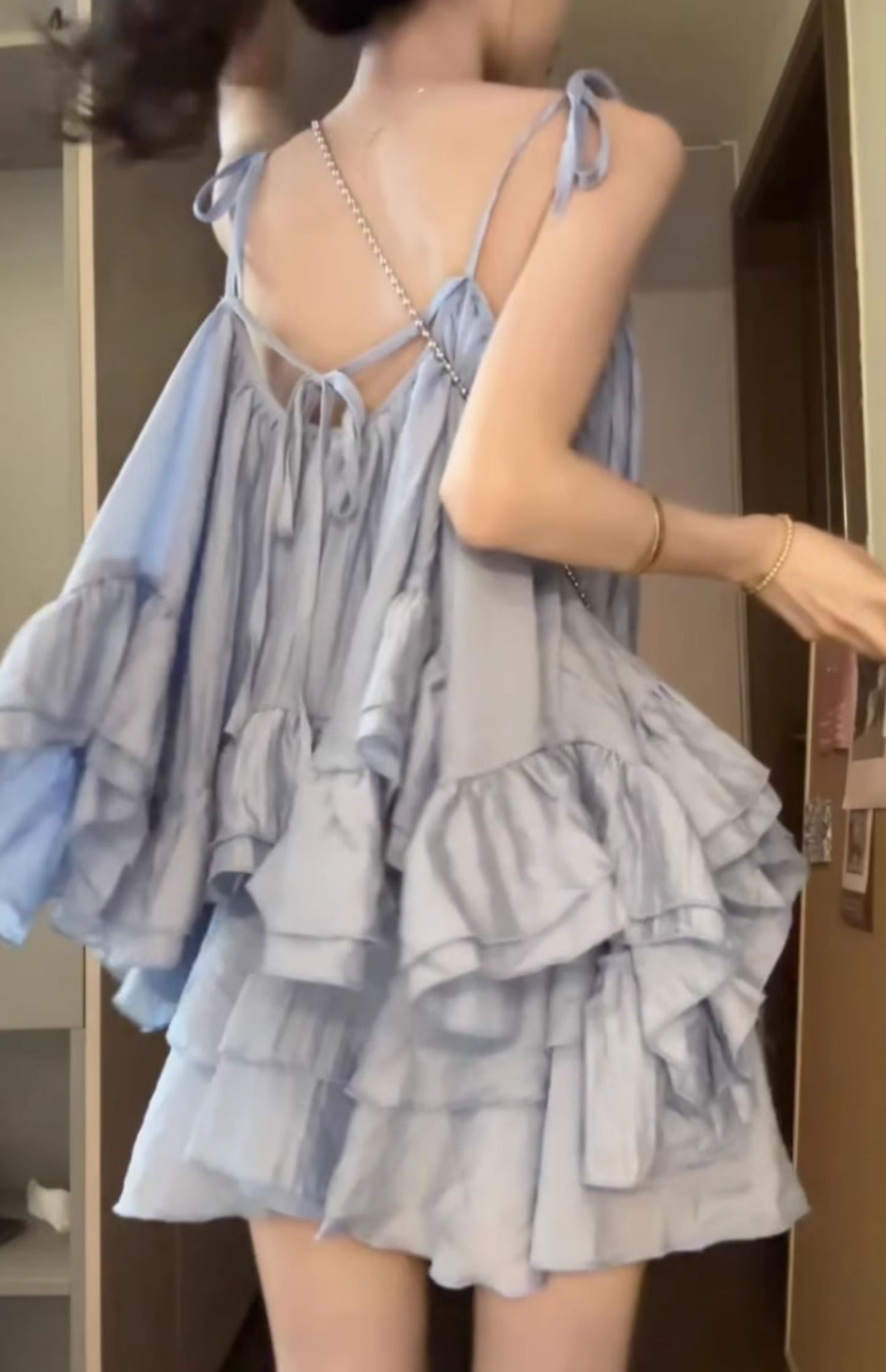 Suit blue suspender dress short skirt skirt summer outfit matching a complete set R0795