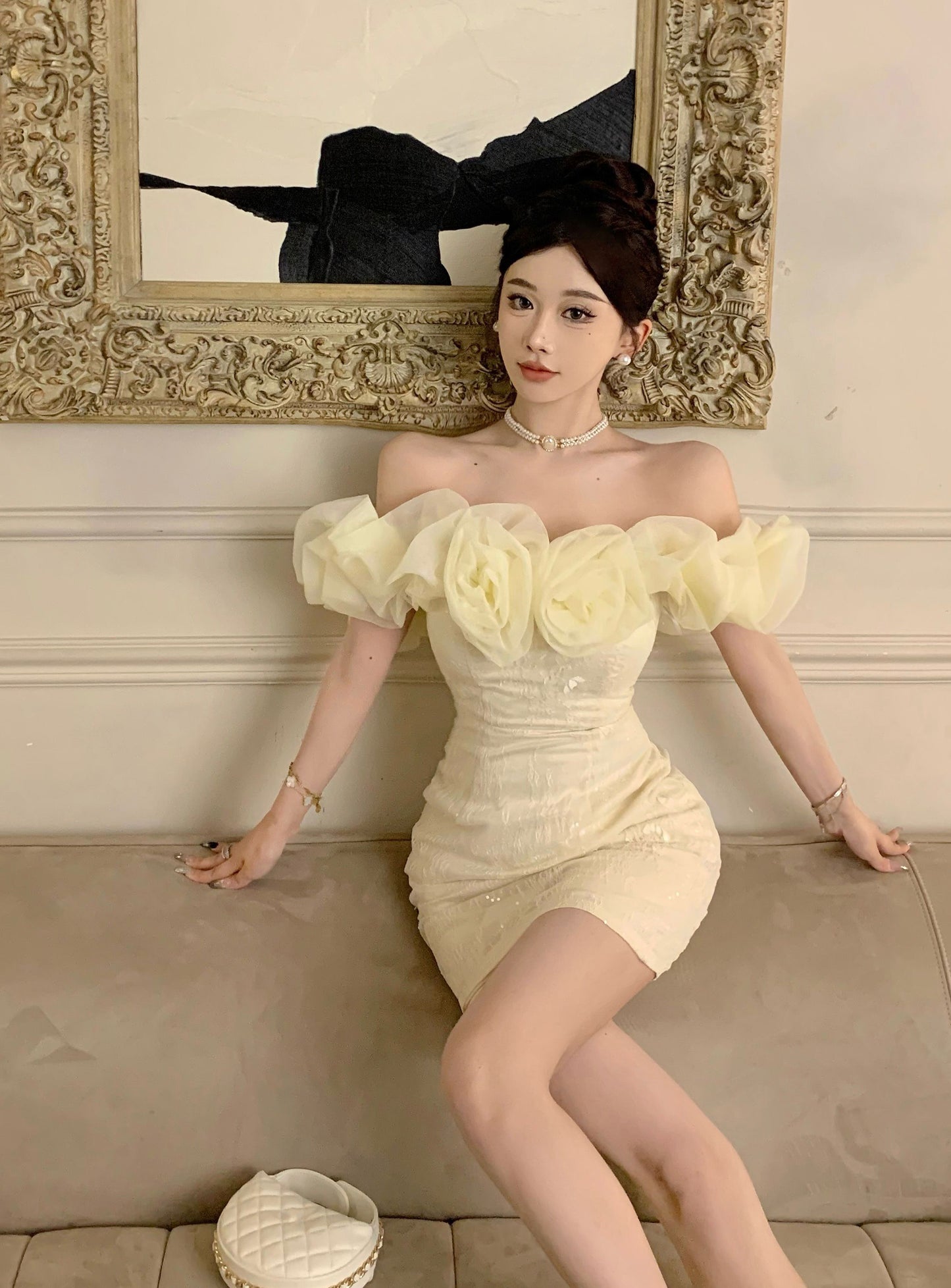 Temperament flower one-shoulder dress niche design banquet small dress R0797