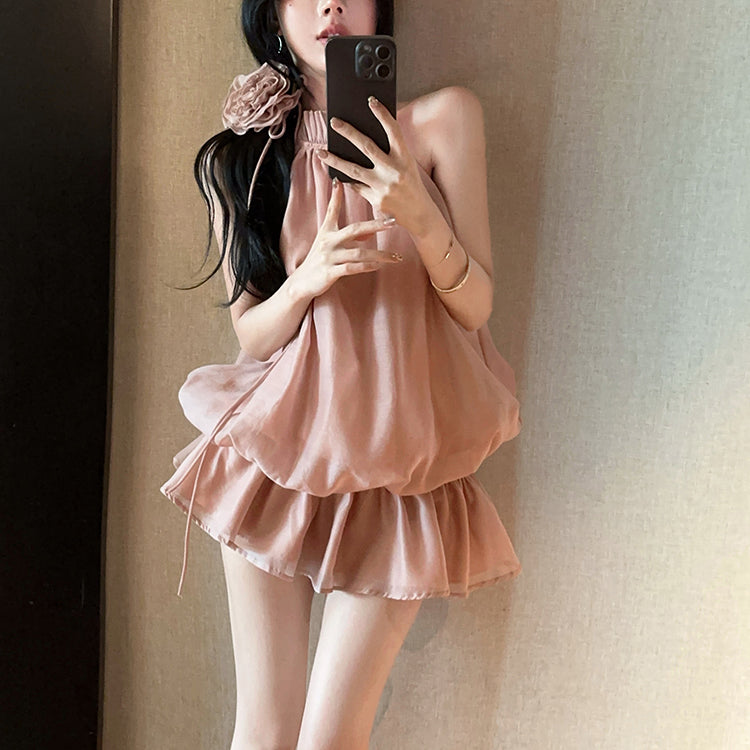 Gentle style, chic and beautiful flower halter neck short skirt, temperament petite dress R0796