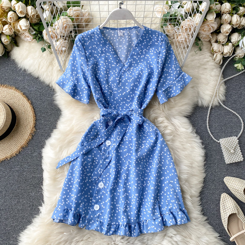 Dress 2025 new summer sweet love print trumpet sleeve tie waist short style R2166