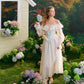 French fairy dress one-shoulder white long dress lace fishbone skirt long sleeves R5103