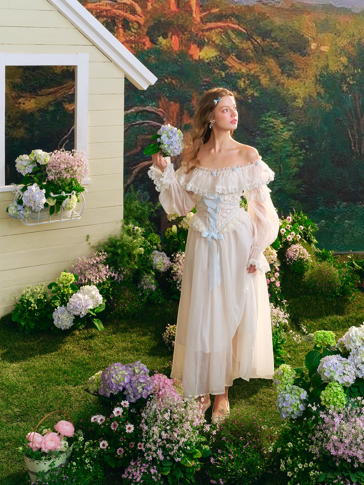 French fairy dress one-shoulder white long dress lace fishbone skirt long sleeves R5103