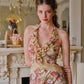 French retro romantic vacation stretch print mesh halter neck fishtail dress R5104