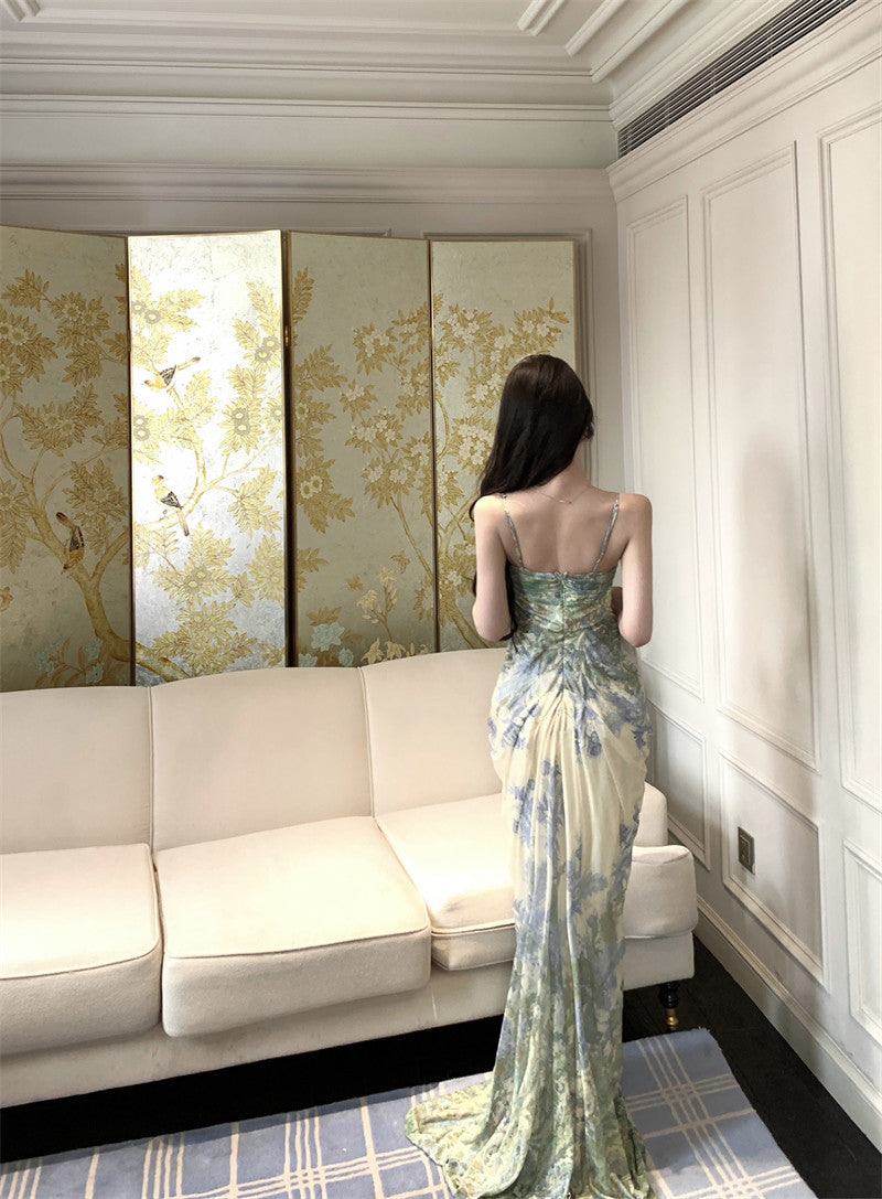 Green floral suspender dress, elegant waist slim beach dress R0670