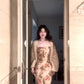 Retro floral suspender dress beautiful waist slim beach dress R0668