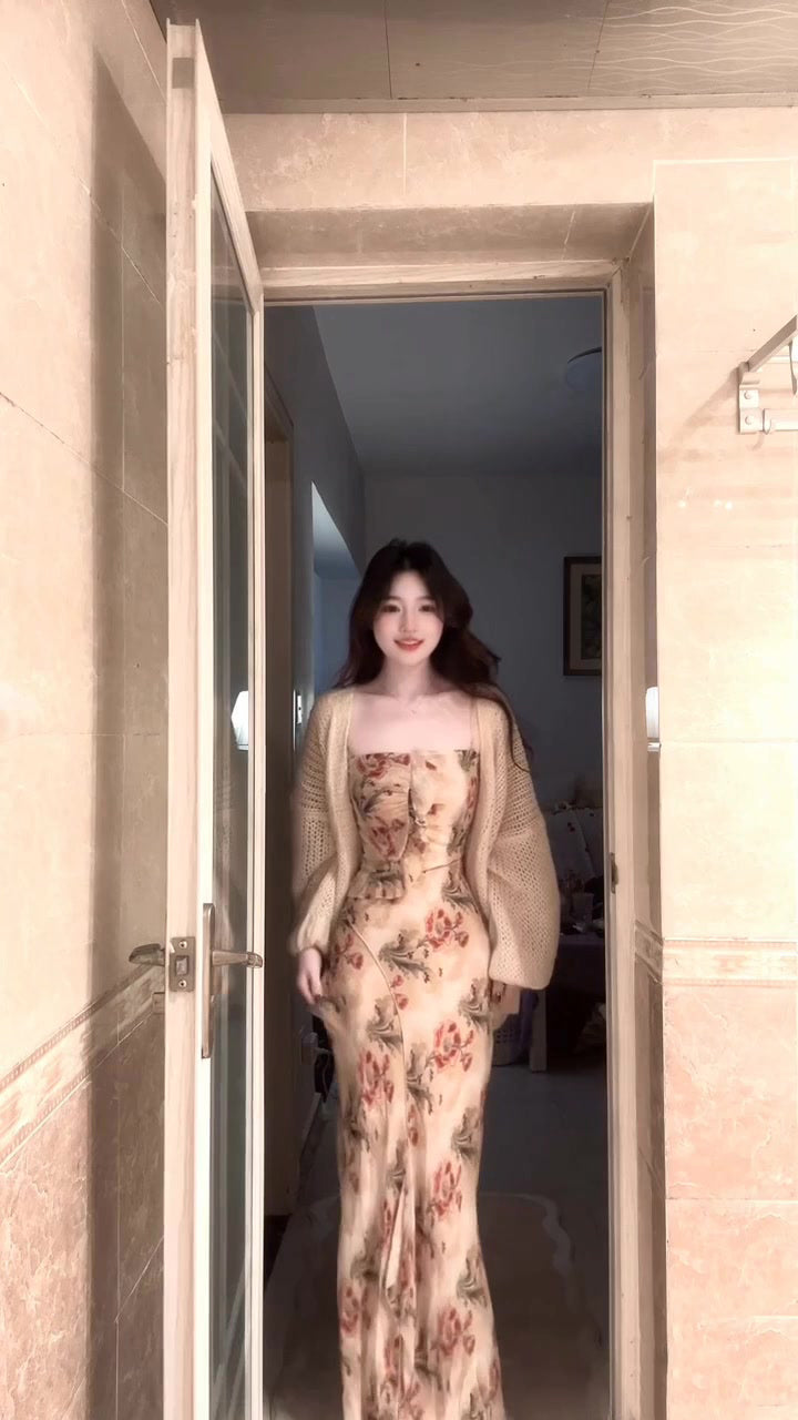 Retro floral suspender dress beautiful waist slim beach dress R0668