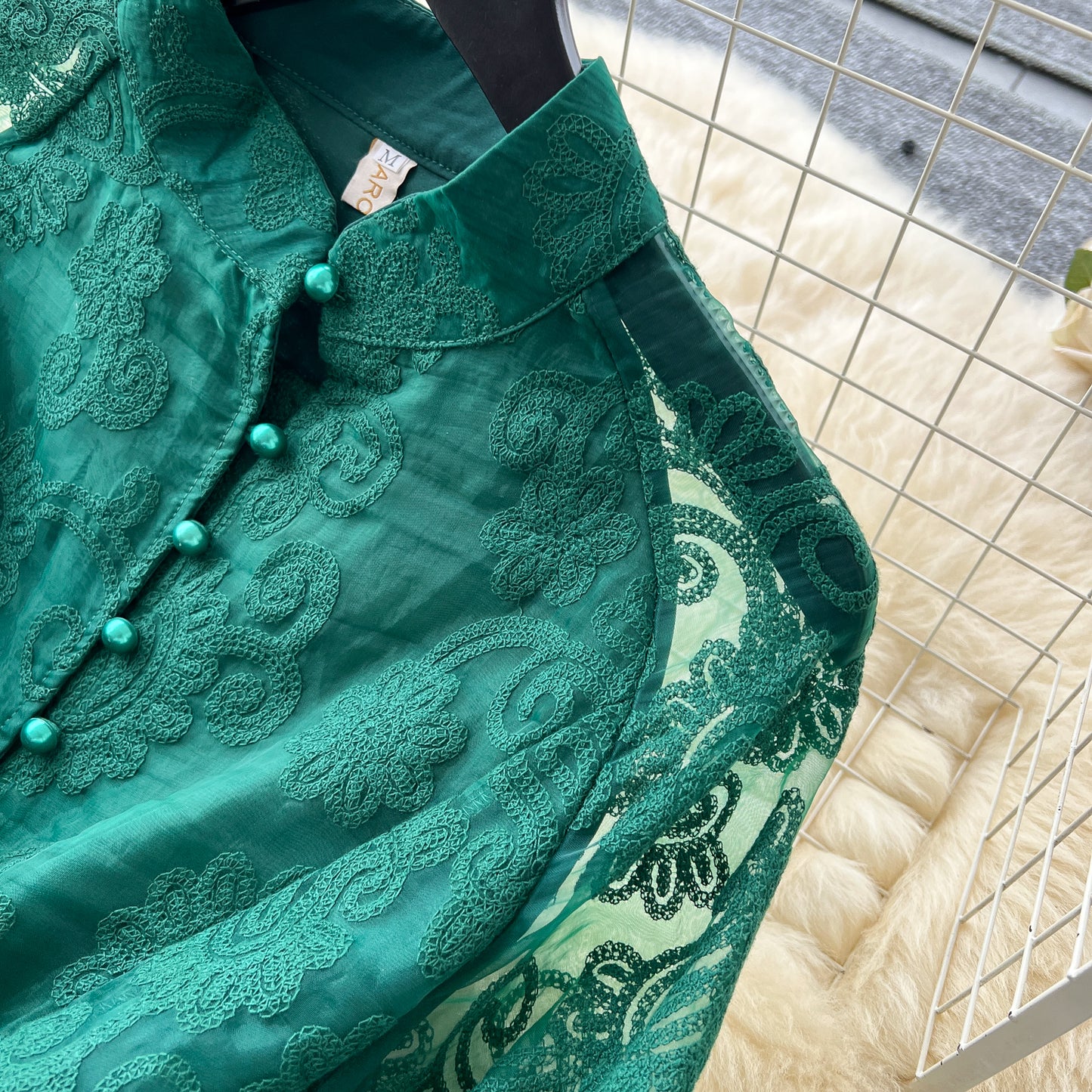 Elegant Stand Collar Crochet Embroidery Lantern Sleeve Tie Waist Long Dress R2250