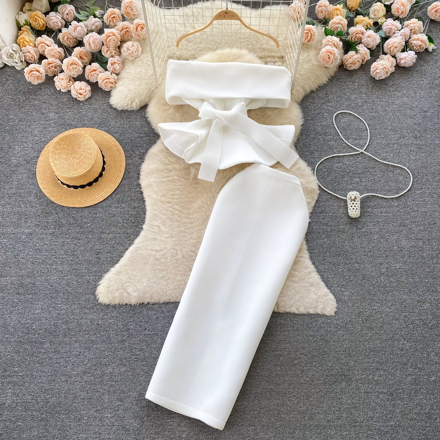 Palace style dress suit sexy one shoulder waist lotus leaf hem top versatile skirt two piece suit R2251