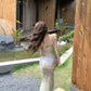 Green floral tube top dress sexy waist slim hip skirt R0626