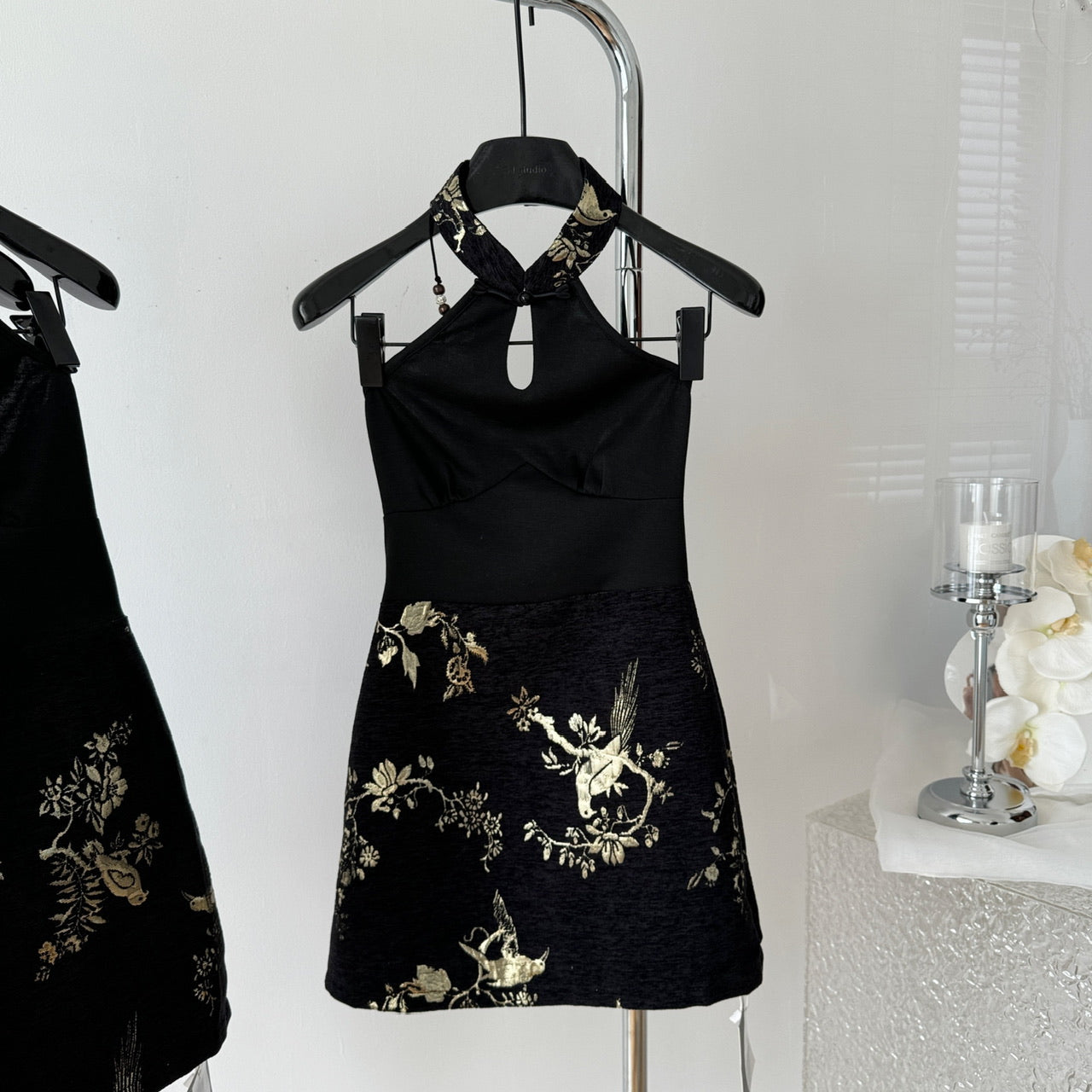 New Chinese dress 2025 national style printed a-line waist short skirt R2072