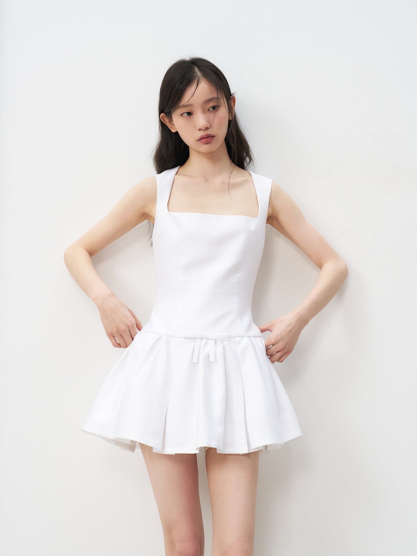 White satin retro princess dress bow waist A-line puffy skirt R5205