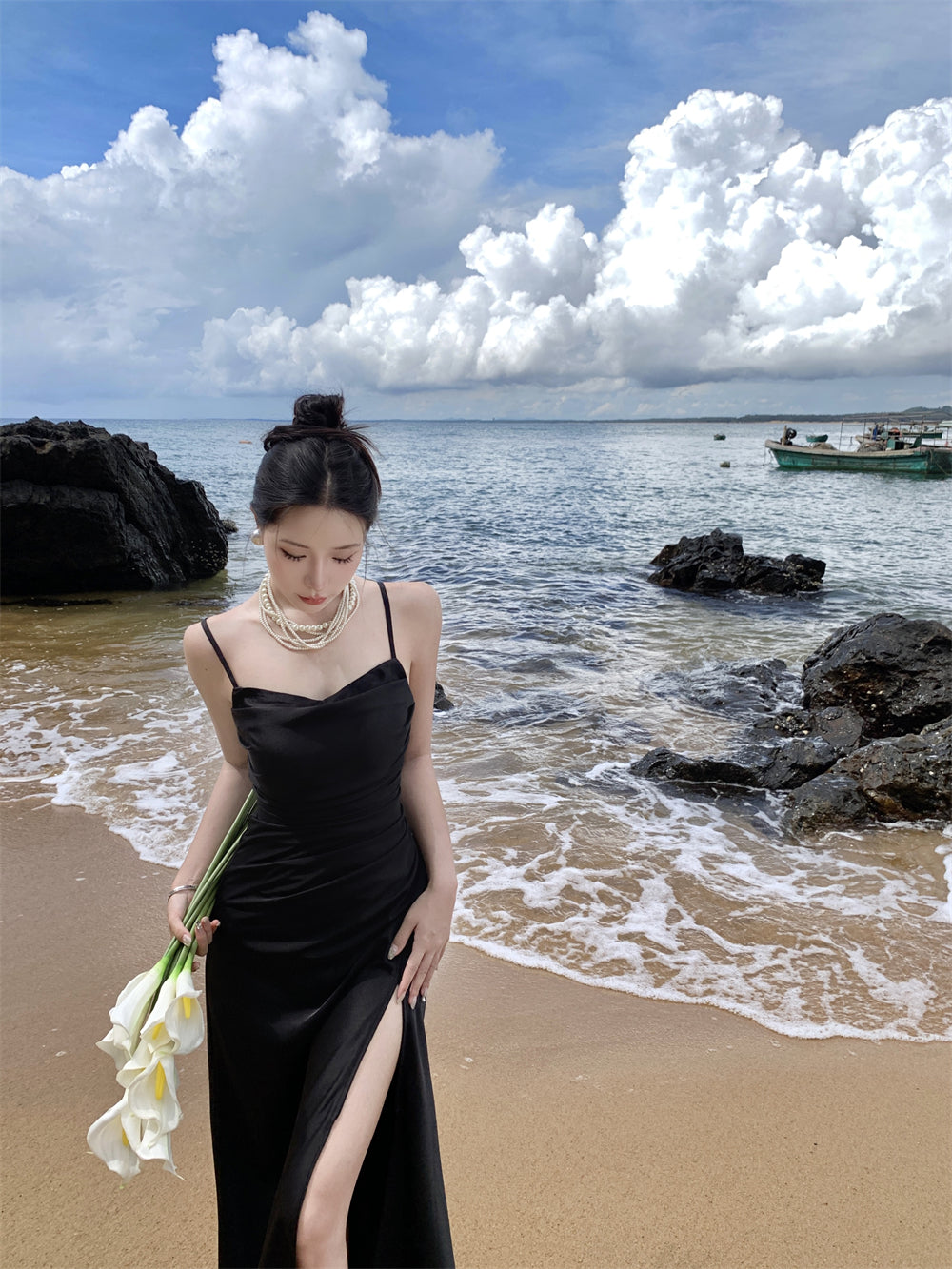 Black suspender dress slim sexy temperament slit silk satin holiday wear skirt R1443