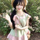 Pure outfit set casual green small flying sleeve top short skirt two-piece set R0834