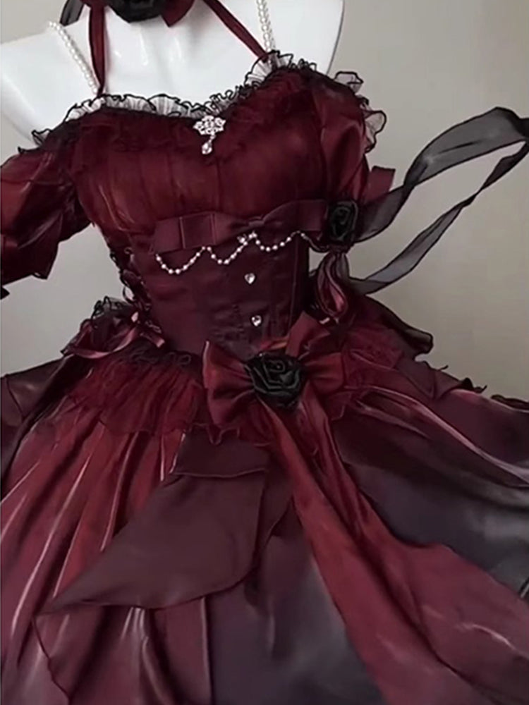 Black and red gradient short front and long back wedding dress lolita dress trailing princess dress R1674