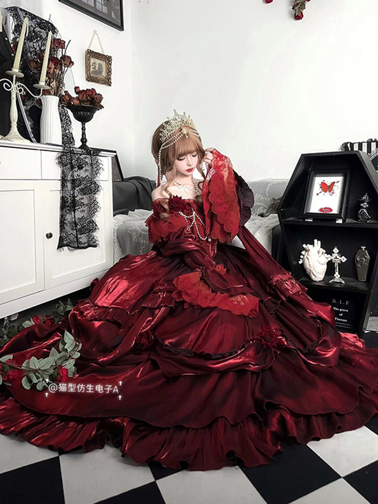 Blood red bride lolita dress dress rose flower heavy puffy princess dress R1676