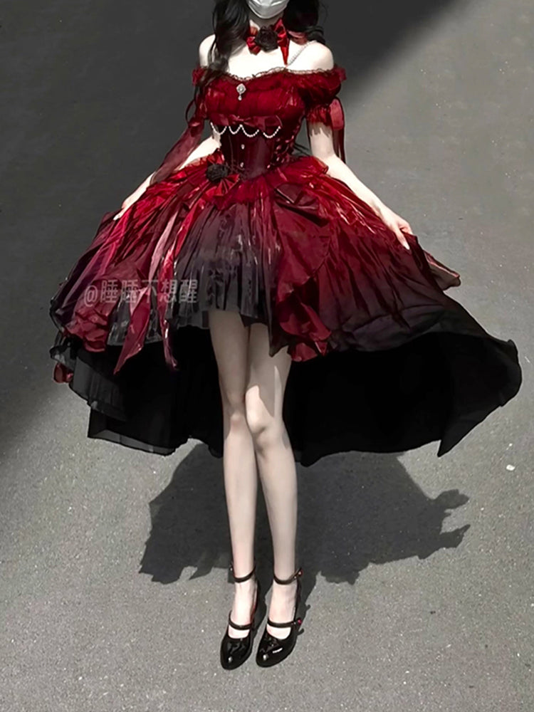 Red wedding dress lolita dress dress lolita heavy tail puffy princess skirt R1675