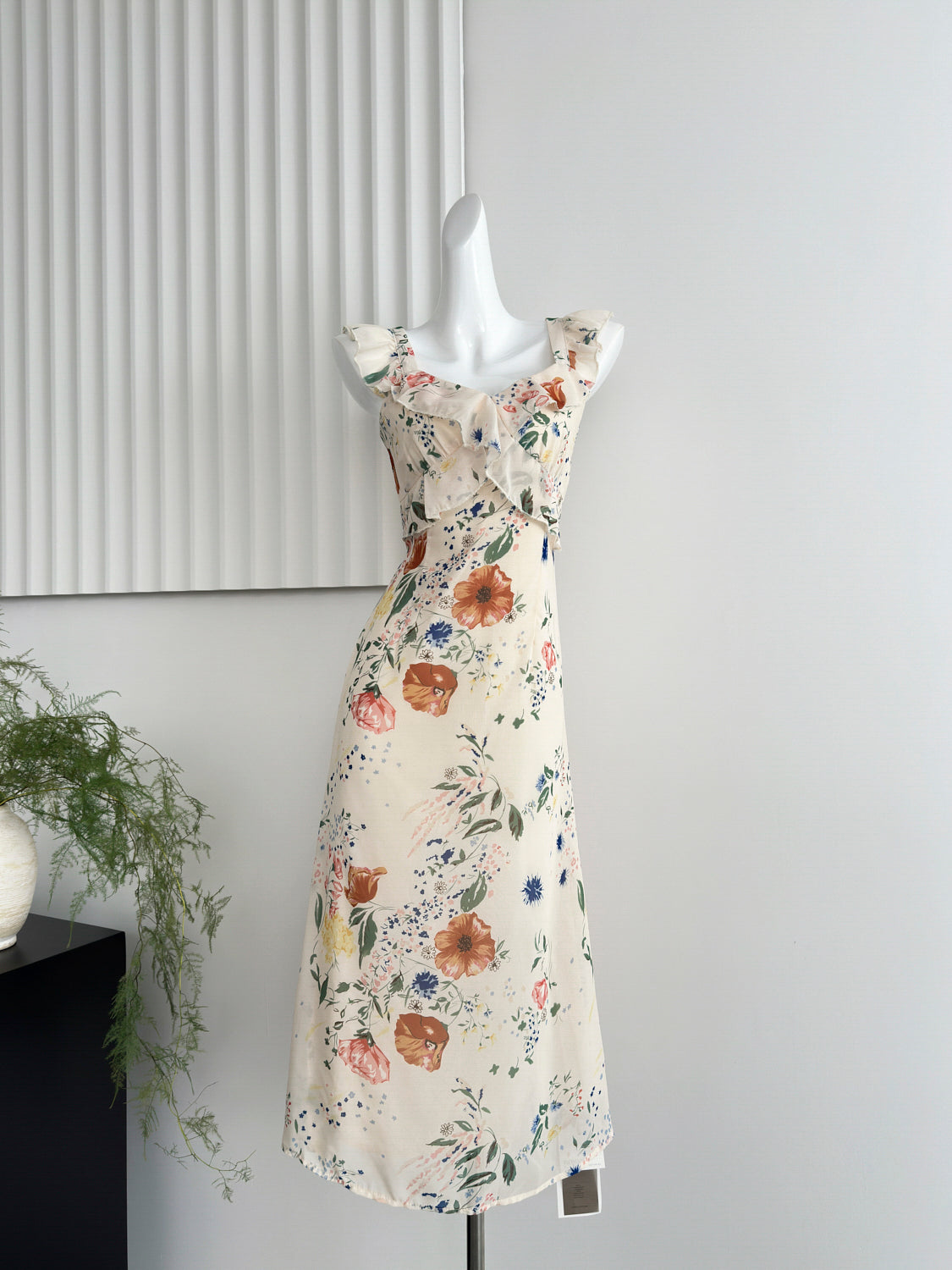 Chiffon Ruffle Print Flying Sleeves Dress Midi Sleeveless Fishtail Skirt R2113