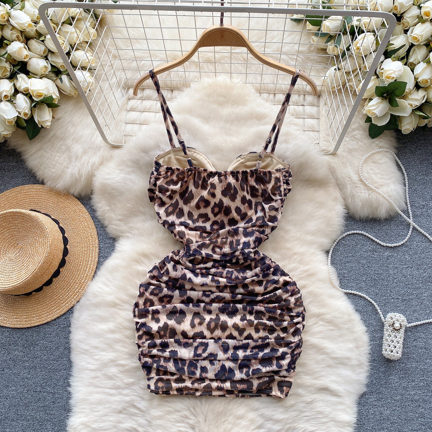 Sexy elastic mesh dress 2025 new pleated slim short sexy hip suspender skirt R2268