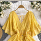 Holiday style 2025 new niche sexy deep V-neck lace patchwork waist flared sleeve dress R2269