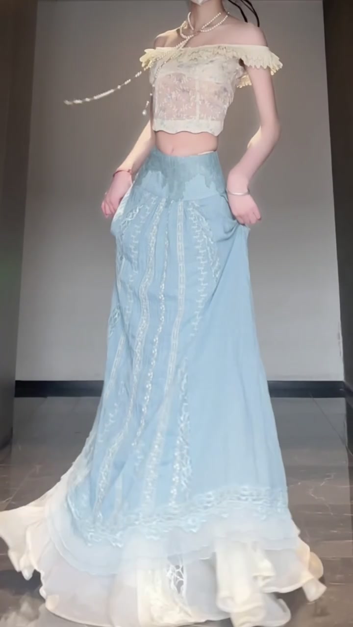 Gentle temperament white one-shoulder top a-line skirt two-piece set R0808