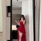 Retro red flower suspender dress irregular beautiful waist a-line beach dress R0697