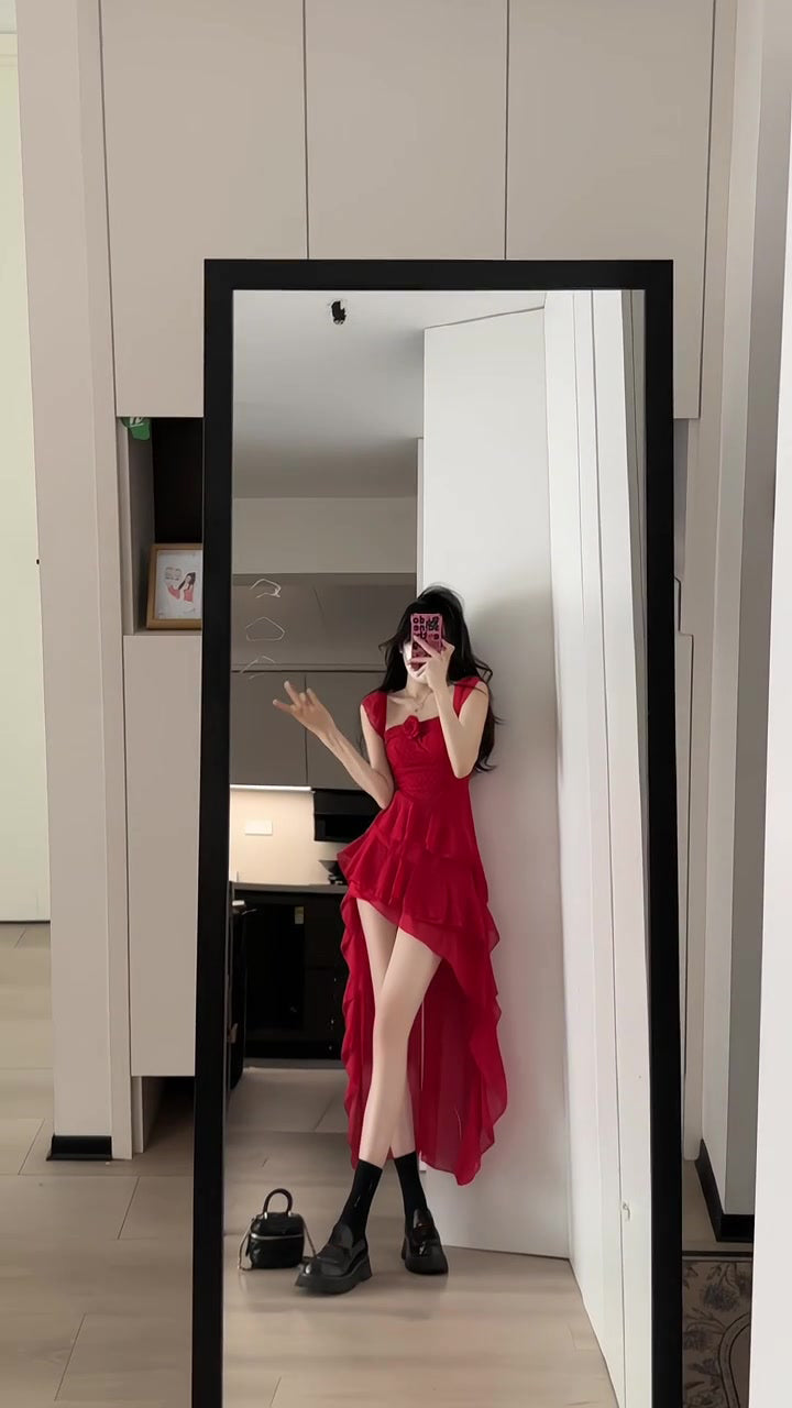 Retro red flower suspender dress irregular beautiful waist a-line beach dress R0697