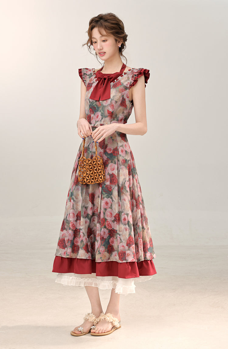 French retro red floral dress women's new beautiful long dress R1941