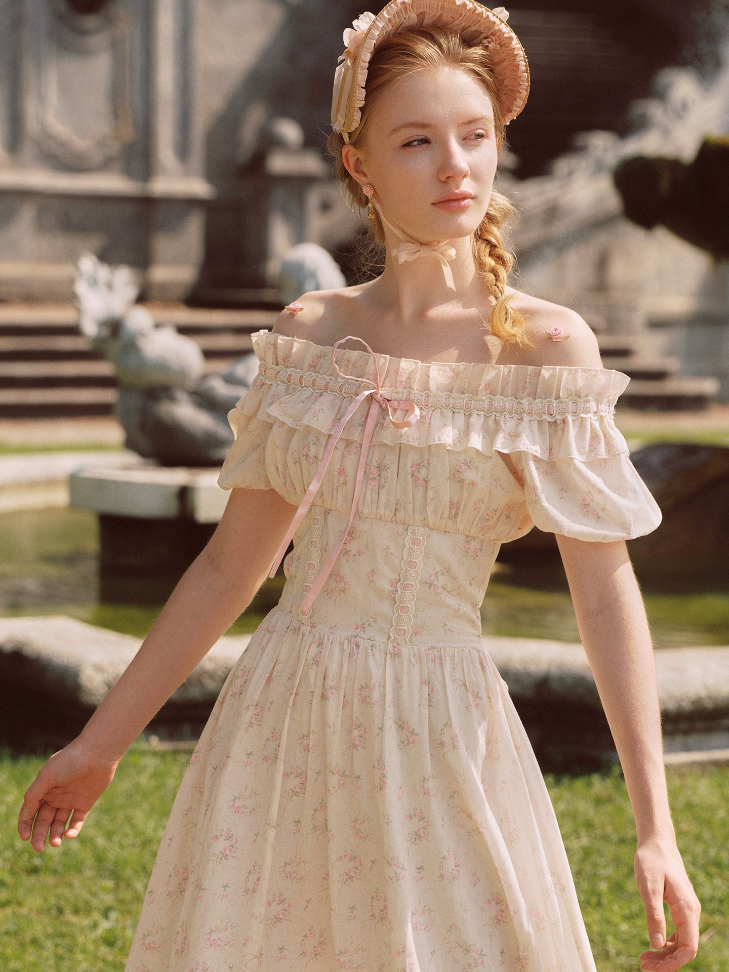 French pastoral style cake-style fishbone maxi dress with slim waist and cotton homecoming dress R5136