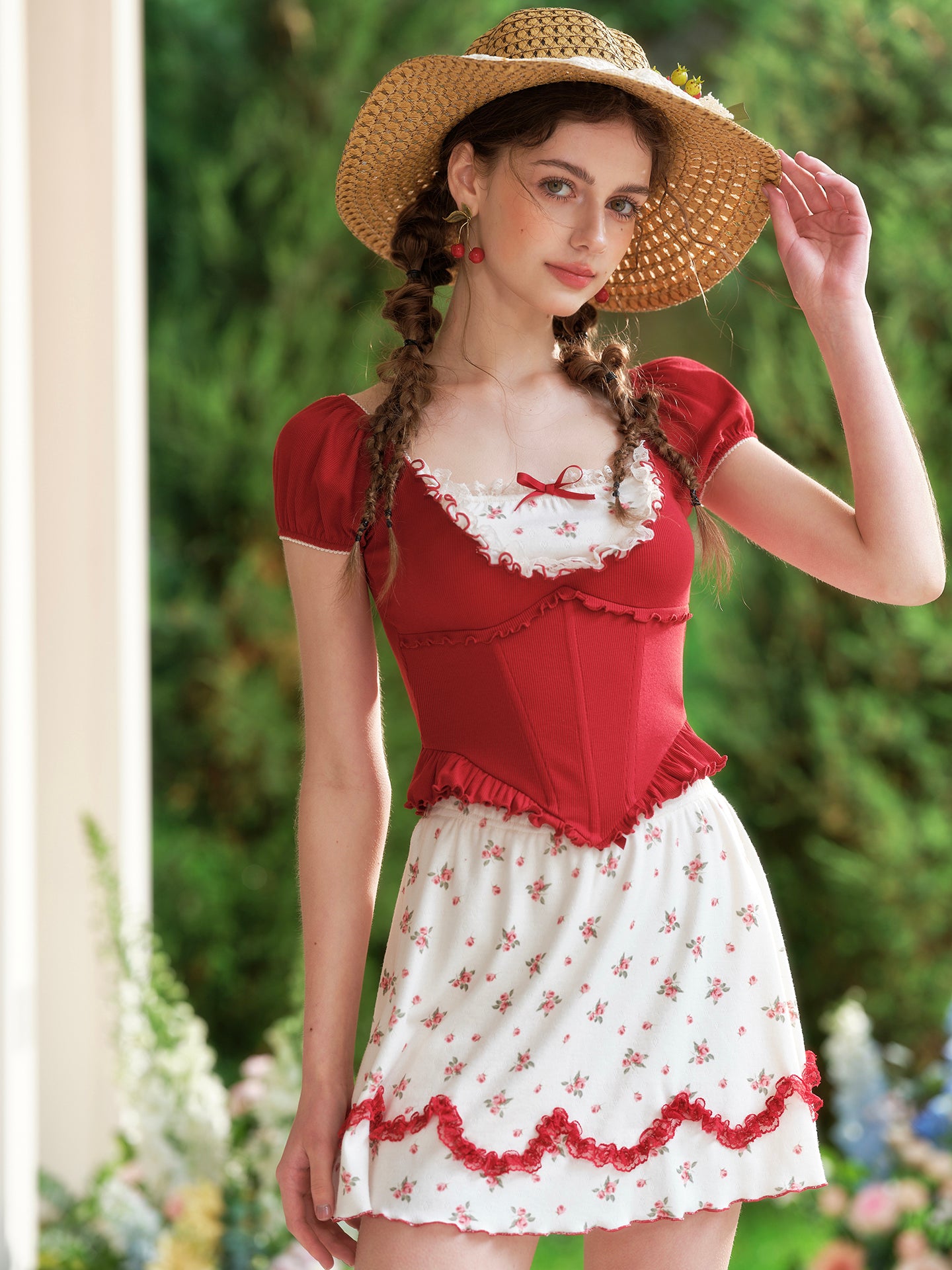 French style age-reducing college petite red short-sleeved top polka dot skirt suit homecoming dress R5142