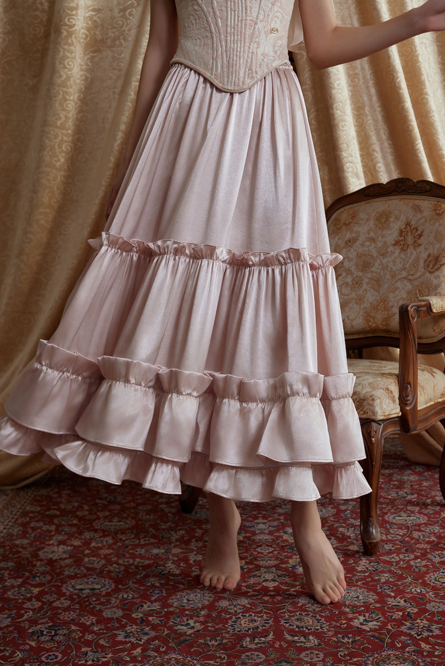 French ruffled satin pink long skirt homecoming dress R5154