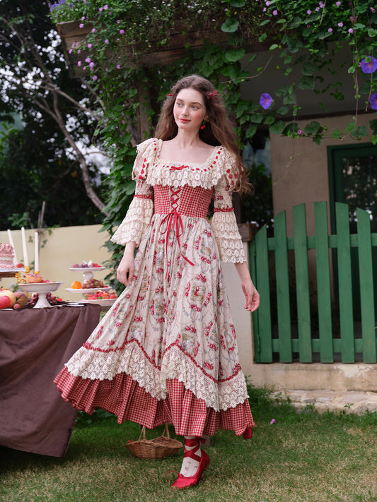 French Pastoral Retro Lace Print Herringbone Long Sleeve Dress Homecoming Dress R5165