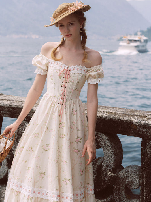 French design pastoral style printed slim fishbone corset dress homecoming dress R5163