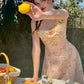 French Retro Pastoral Oil Painting Long Strap Printed Lace Dress Homecoming Dress R5151