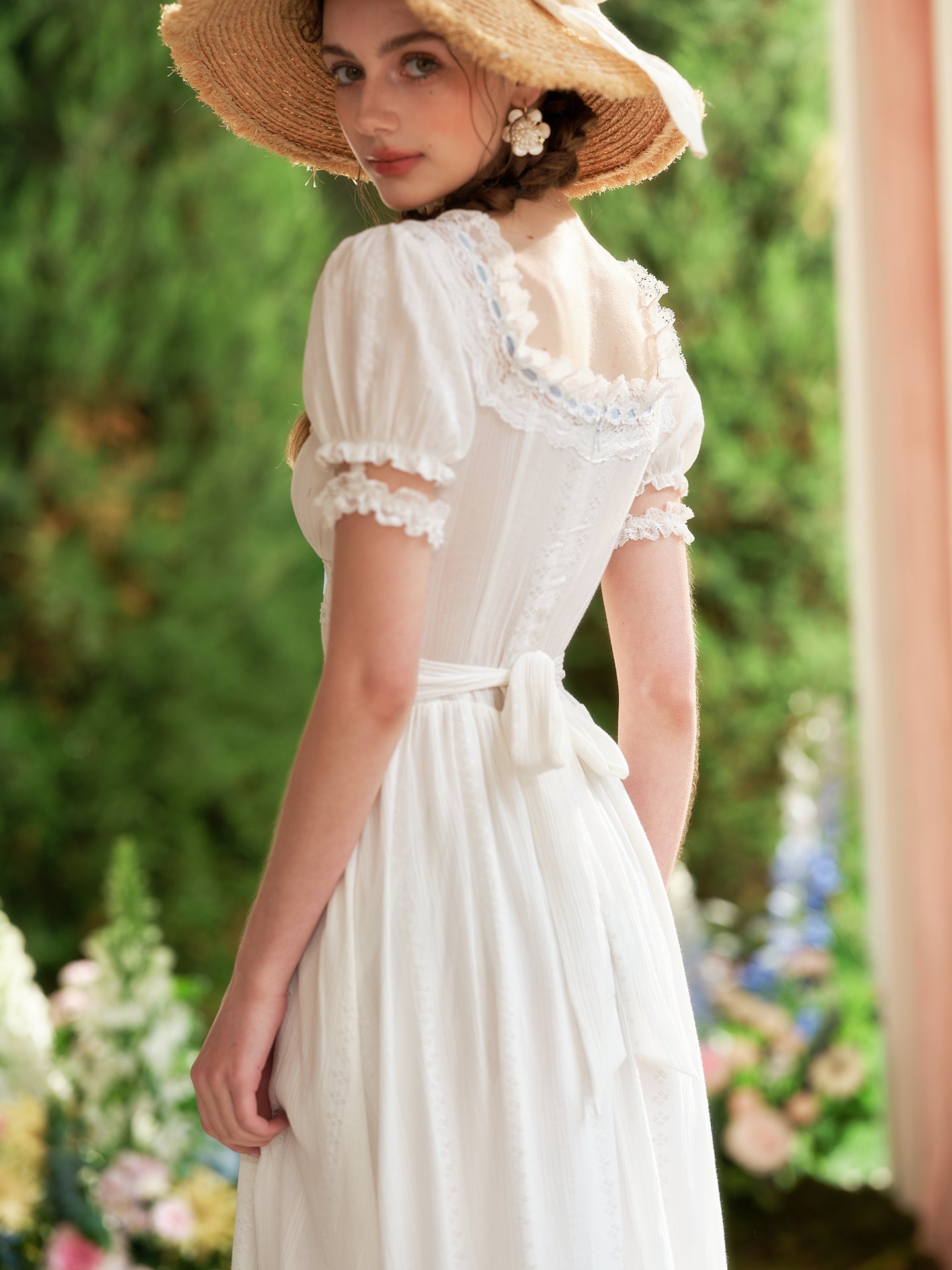 French pastoral white big swing fishbone dress long little white dress homecoming dress R5155