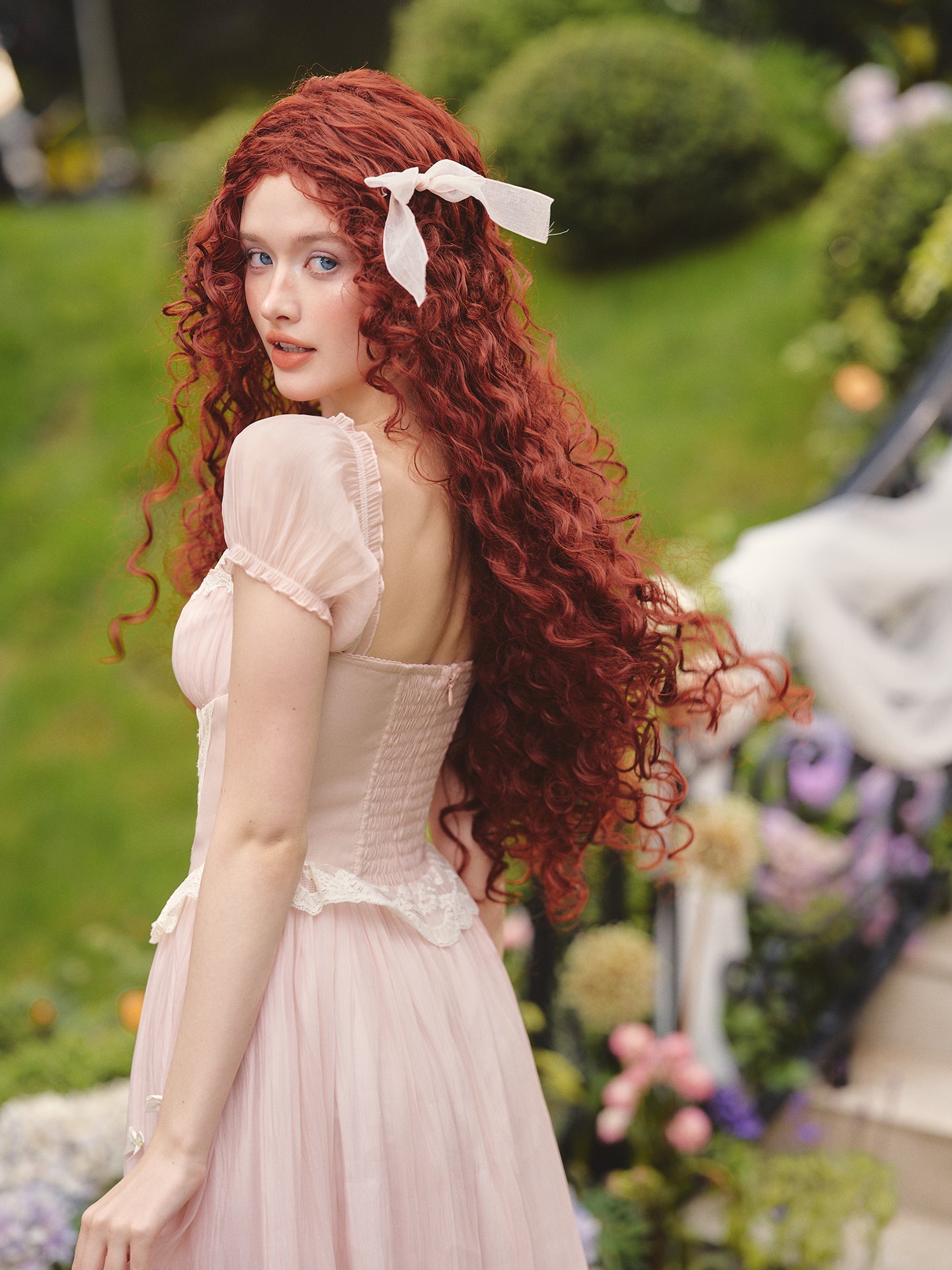 French pink fairy dress design long short-sleeved fishbone dress homecoming dress R5158