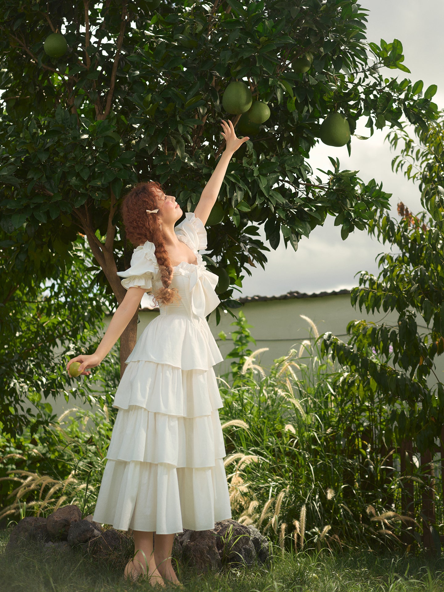 French-style waist white long dress puff sleeve cake dress homecoming dress R5157