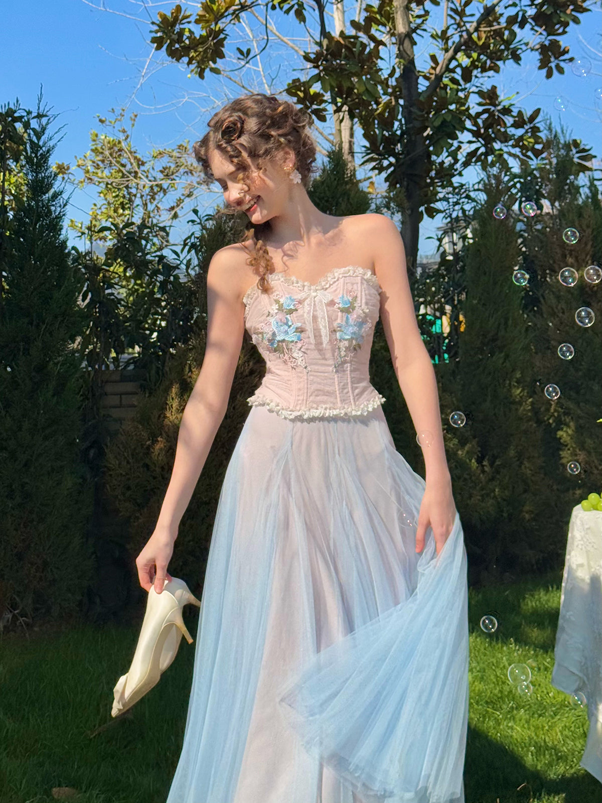 French sweet light spring pink blue tube top fishbone bra mesh skirt suit homecoming dress R5146