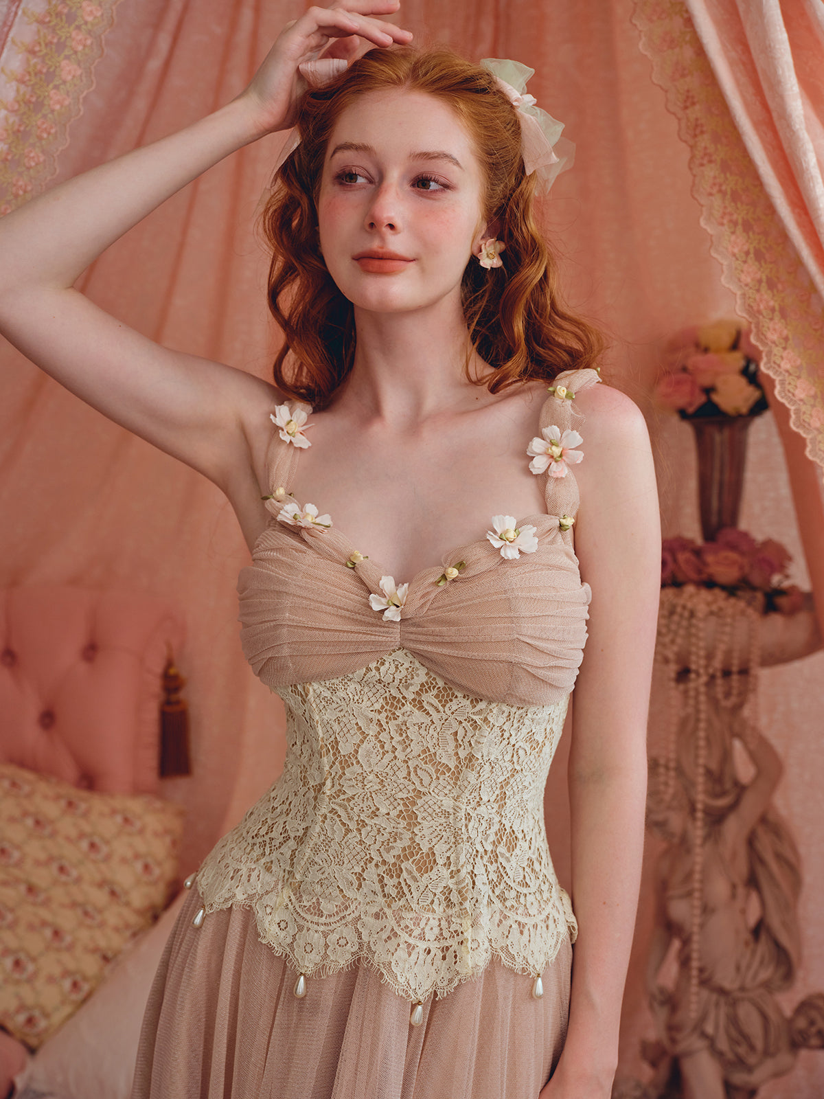 French sweet lace pink mesh fish bone suspender dress fairy dress homecoming dress R5140