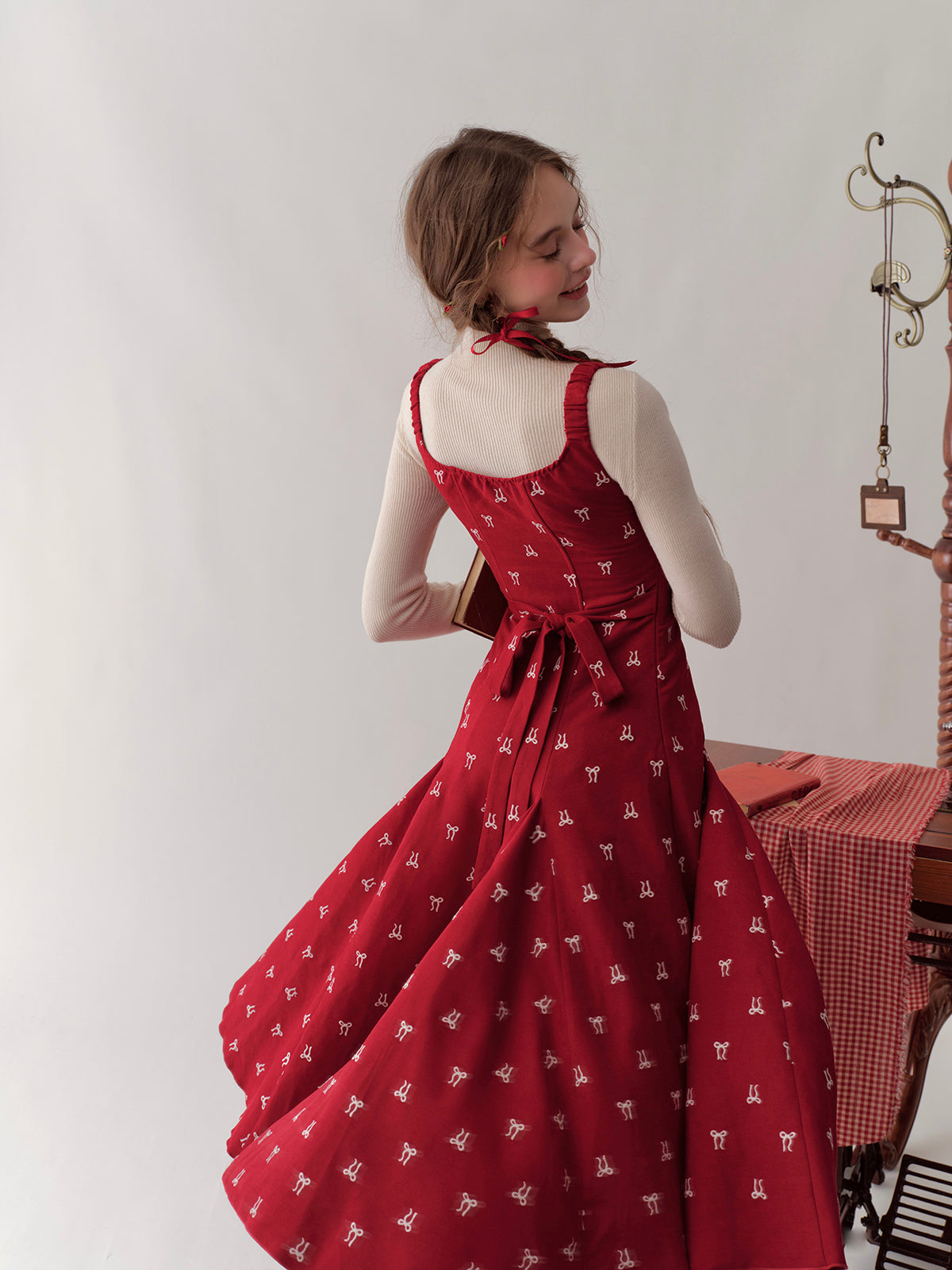 French girl playful bow red waist dress atmosphere homecoming dress R5147