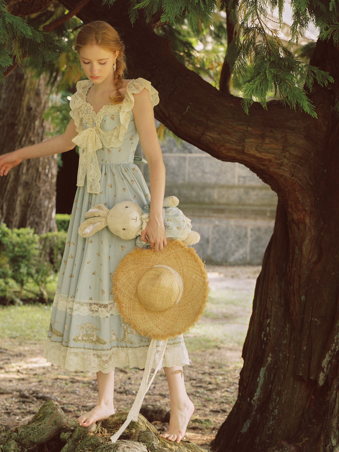 French pastoral style heavy embroidery lace splicing suspender long dress homecoming dress R5145