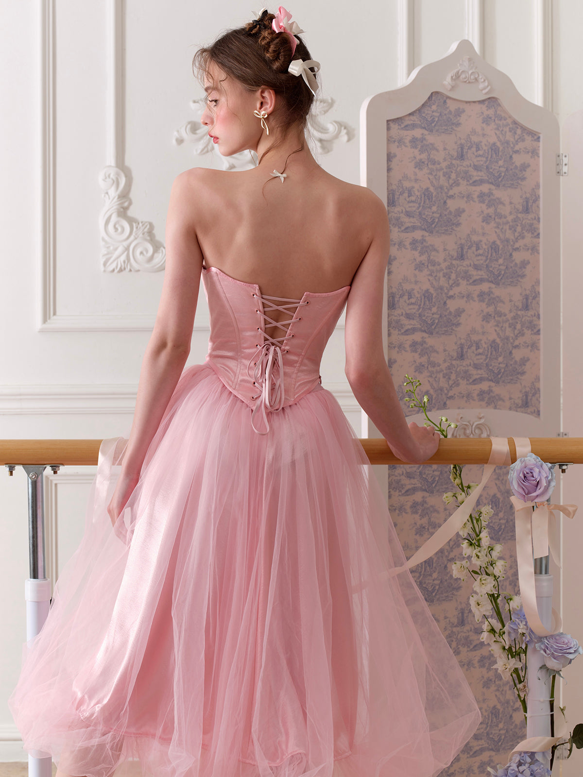 French Sweet Ballet Style Pink Fishbone Corset Mesh Skirt Set Homecoming Dress R5166